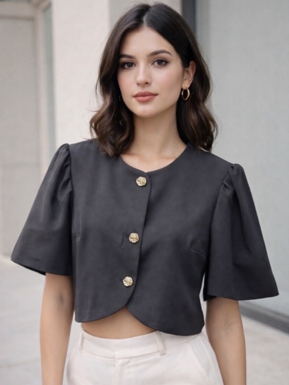 Made in Italy Cropped Puff-Sleeve Button Front Blazer